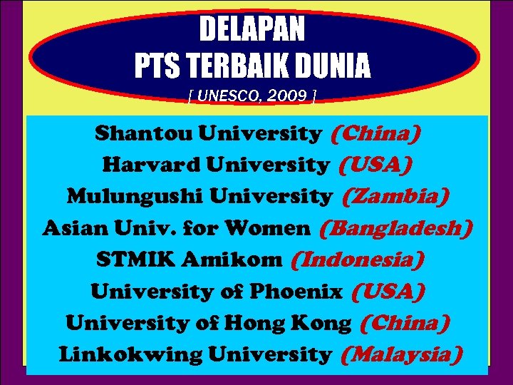 DELAPAN PTS TERBAIK DUNIA [ UNESCO, 2009 ] Shantou University (China) Harvard University (USA)