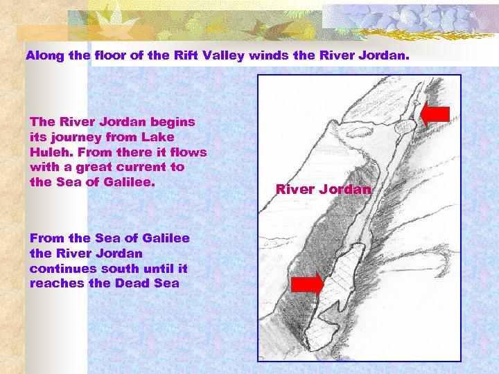 Along the floor of the Rift Valley winds the River Jordan. The River Jordan
