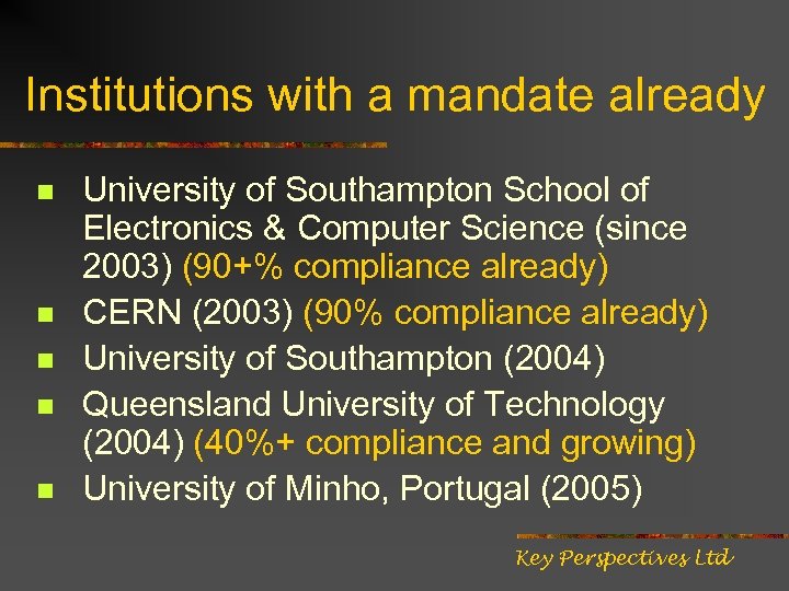 Institutions with a mandate already n n n University of Southampton School of Electronics
