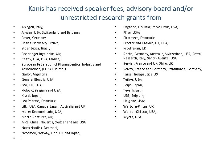 Kanis has received speaker fees, advisory board and/or unrestricted research grants from • •