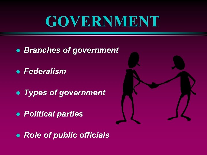 GOVERNMENT l Branches of government l Federalism l Types of government l Political parties