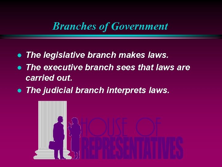 Branches of Government l l l The legislative branch makes laws. The executive branch