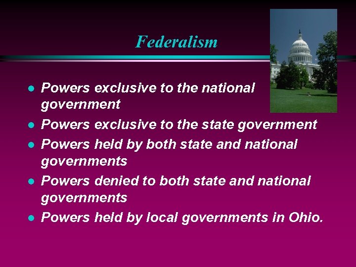 Federalism l l l Powers exclusive to the national government Powers exclusive to the