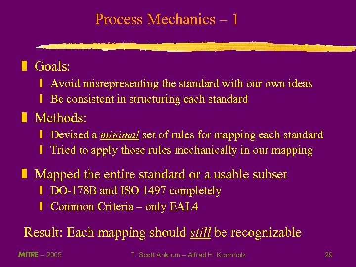 Process Mechanics – 1 z Goals: y Avoid misrepresenting the standard with our own