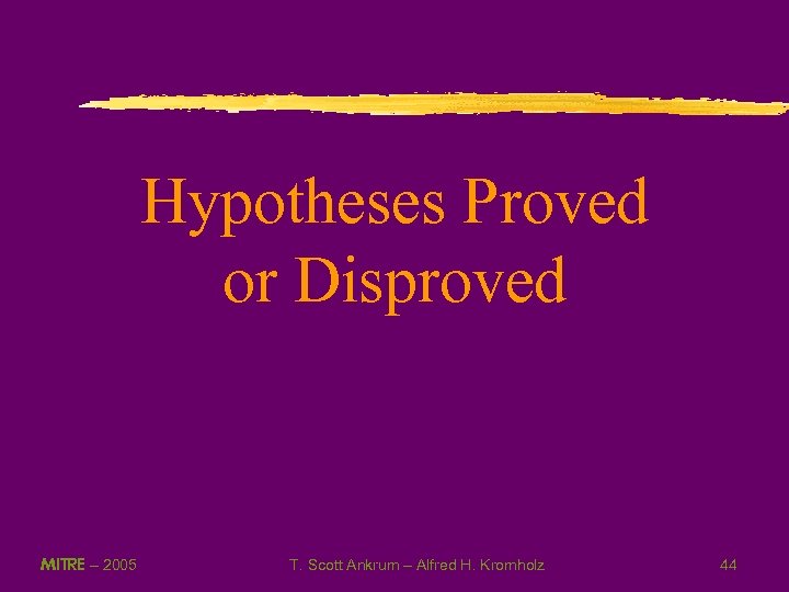 Hypotheses Proved or Disproved MITRE – 2005 T. Scott Ankrum – Alfred H. Kromholz
