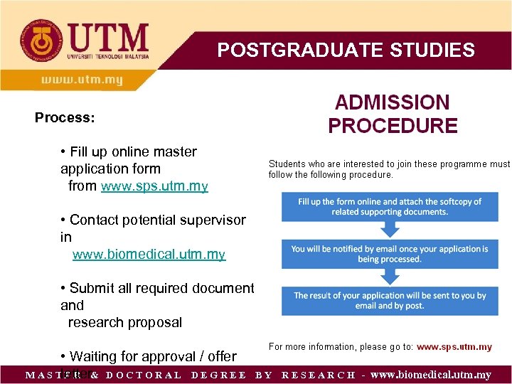 POSTGRADUATE STUDIES Process: • Fill up online master application form from www. sps. utm.