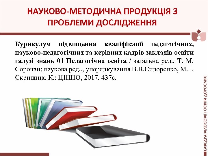 НАУКОВО-МЕТОДИЧНА ПРОДУКЦІЯ З ПРОБЛЕМИ ДОСЛІДЖЕННЯ Курикулум підвищення кваліфікації педагогічних, науково-педагогічних та керівних кадрів закладів