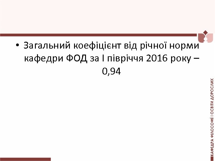  • Загальний коефіцієнт від річної норми кафедри ФОД за І півріччя 2016 року
