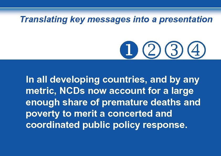 Translating key messages into a presentation In all developing countries, and by any metric,