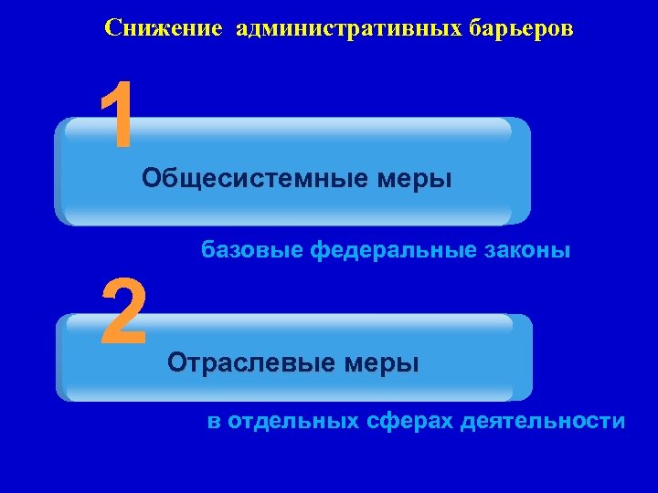 Снижение административных барьеров 1 Общесистемные меры 2 базовые федеральные законы Отраслевые меры в отдельных