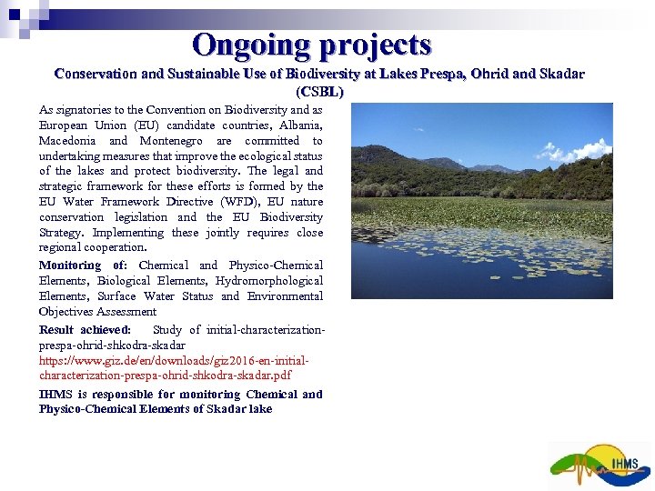 Ongoing projects Conservation and Sustainable Use of Biodiversity at Lakes Prespa, Ohrid and Skadar