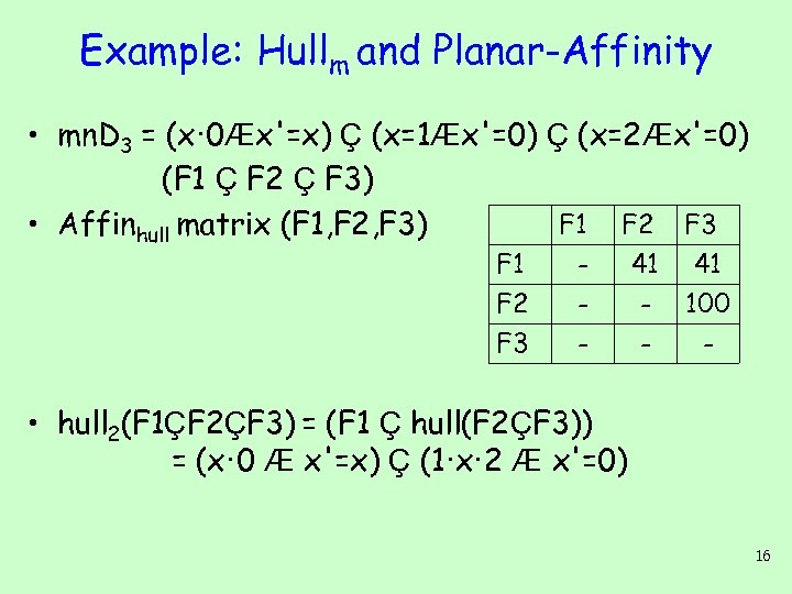 Example: Hullm and Planar-Affinity • mn. D 3 = (x· 0Æx'=x) Ç (x=1Æx'=0) Ç