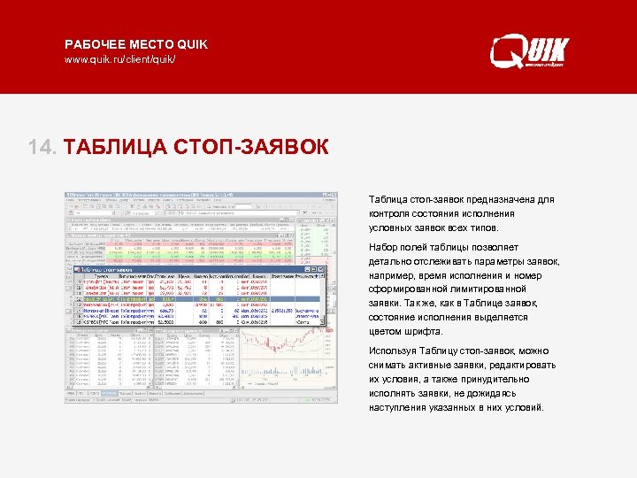 РАБОЧЕЕ МЕСТО QUIK www. quik. ru/client/quik/ 14. ТАБЛИЦА СТОП-ЗАЯВОК Таблица стоп-заявок предназначена для контроля