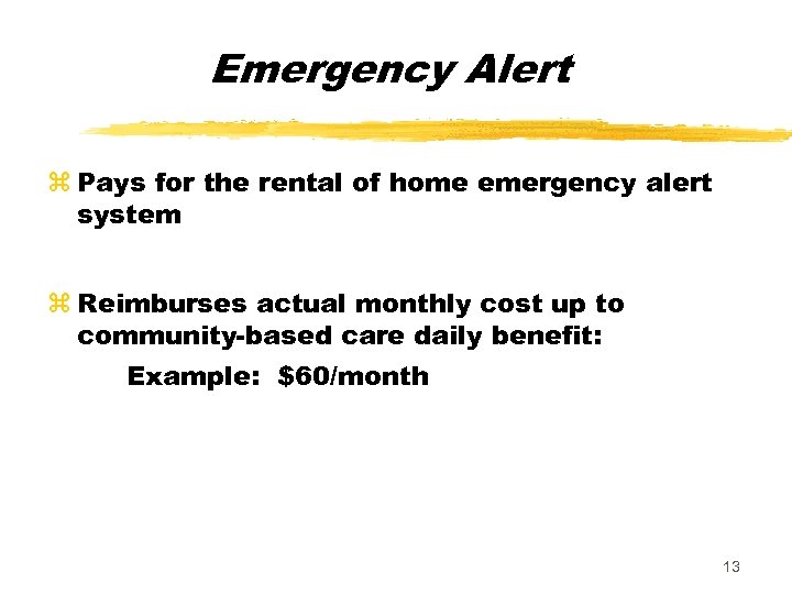 Emergency Alert z Pays for the rental of home emergency alert system z Reimburses