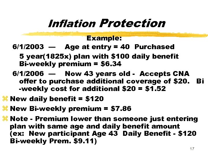 Inflation Protection Example: 6/1/2003 — Age at entry = 40 Purchased 5 year(1825 x)