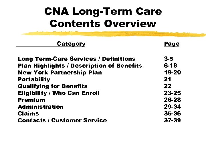 CNA Long-Term Care Contents Overview Category Long Term-Care Services / Definitions Plan Highlights /