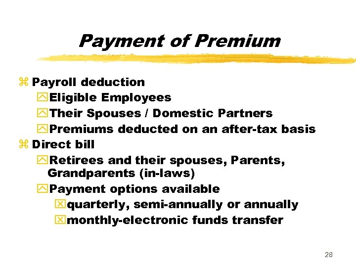 Payment of Premium z Payroll deduction y. Eligible Employees y. Their Spouses / Domestic