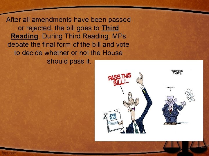 After all amendments have been passed or rejected, the bill goes to Third Reading.