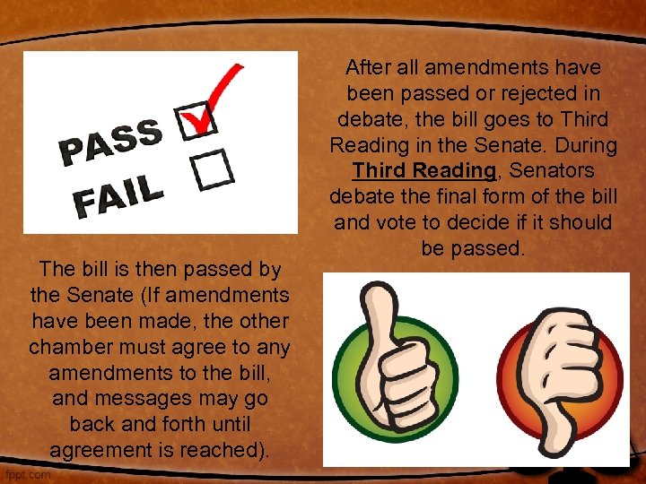 The bill is then passed by the Senate (If amendments have been made, the