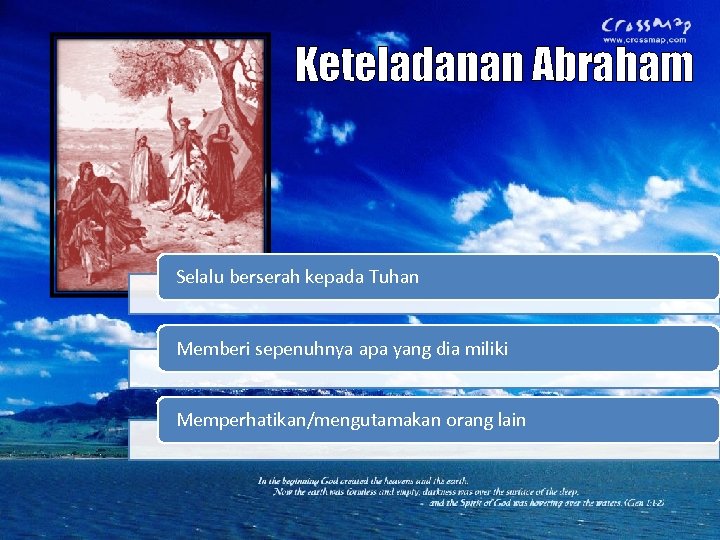 Keteladanan Abraham Selalu berserah kepada Tuhan Memberi sepenuhnya apa yang dia miliki Memperhatikan/mengutamakan orang