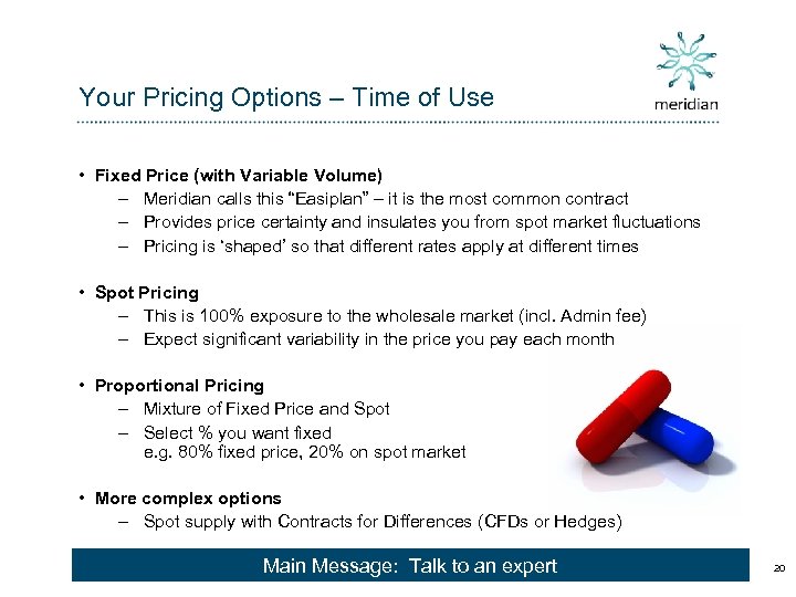 Your Pricing Options – Time of Use • Fixed Price (with Variable Volume) –