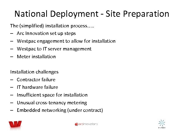 National Deployment - Site Preparation The (simplified) installation process…… – Arc Innovation set up