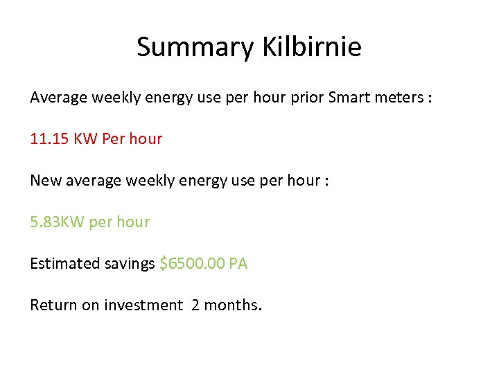 Summary Kilbirnie Average weekly energy use per hour prior Smart meters : 11. 15