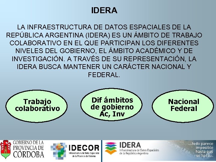 IDERA LA INFRAESTRUCTURA DE DATOS ESPACIALES DE LA REPÚBLICA ARGENTINA (IDERA) ES UN ÁMBITO