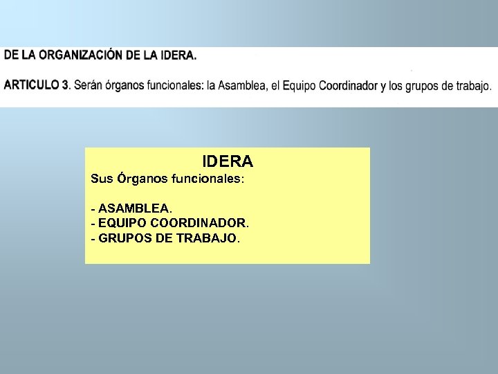 IDERA Sus Órganos funcionales: - ASAMBLEA. - EQUIPO COORDINADOR. - GRUPOS DE TRABAJO. 