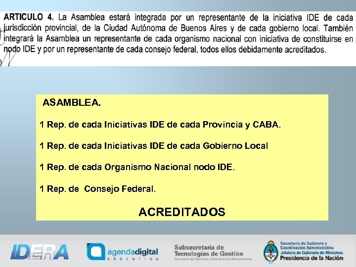  ASAMBLEA. 1 Rep. de cada Iniciativas IDE de cada Provincia y CABA. 1