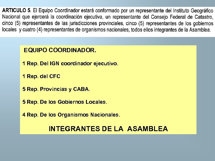  EQUIPO COORDINADOR. 1 Rep. Del IGN coordinador ejecutivo. 1 Rep. del CFC 5