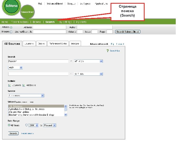 Страница поиска (Search) 