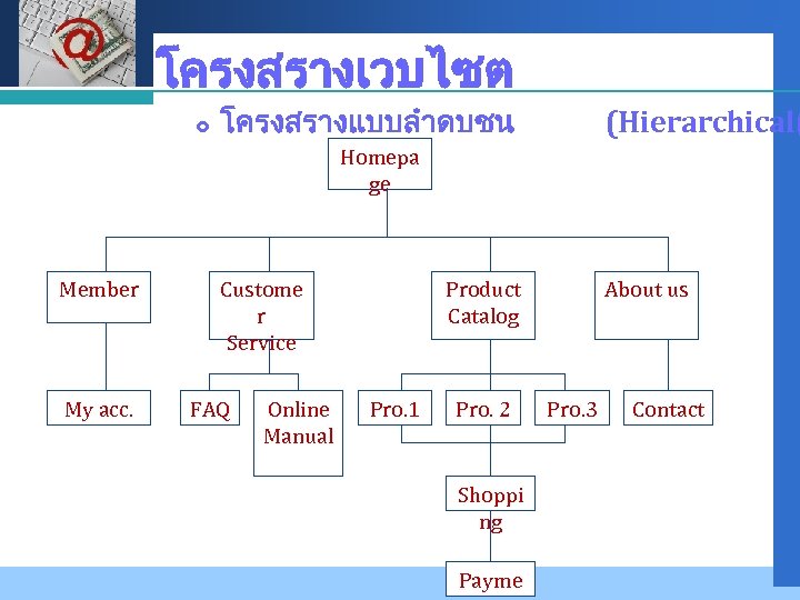 Company LOGO โครงสรางเวบไซต โครงสรางแบบลำดบชน (Hierarchical( Homepa ge Member My acc. Custome r Service FAQ