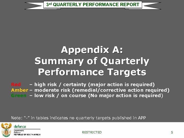 3 rd QUARTERLY PERFORMANCE REPORT Appendix A: Summary of Quarterly Performance Targets Red –