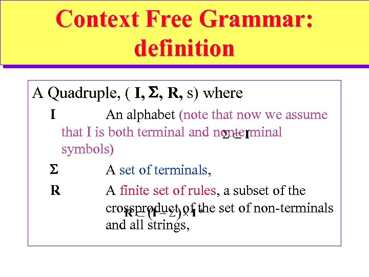 Context Free Grammar: definition A Quadruple, ( I, , R, s) where I An