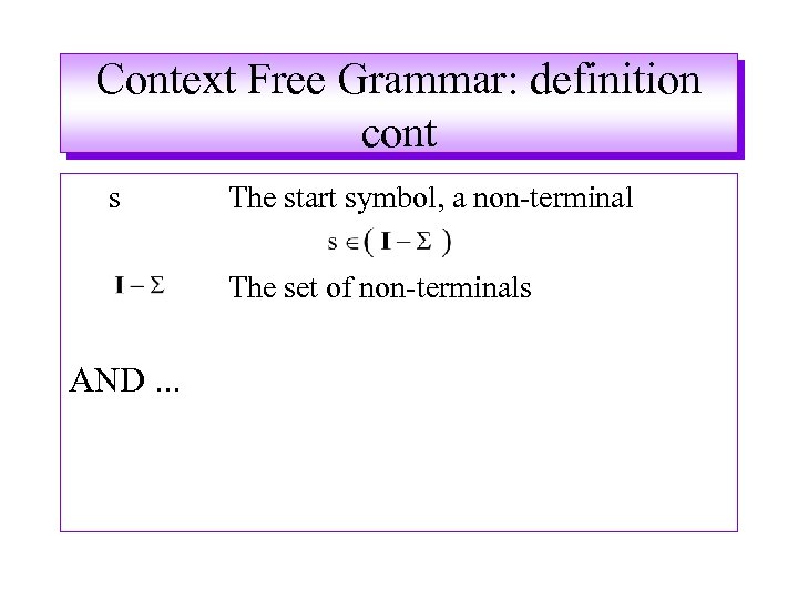 Context Free Grammar: definition cont s The start symbol, a non-terminal The set of