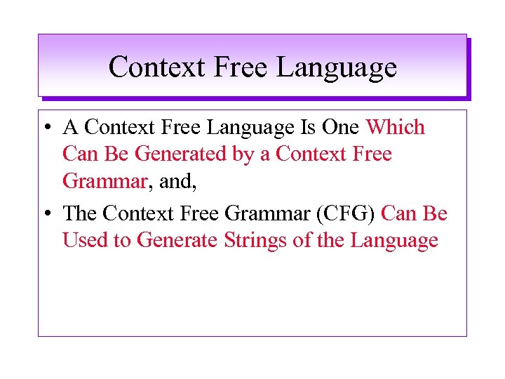 Context Free Language • A Context Free Language Is One Which Can Be Generated