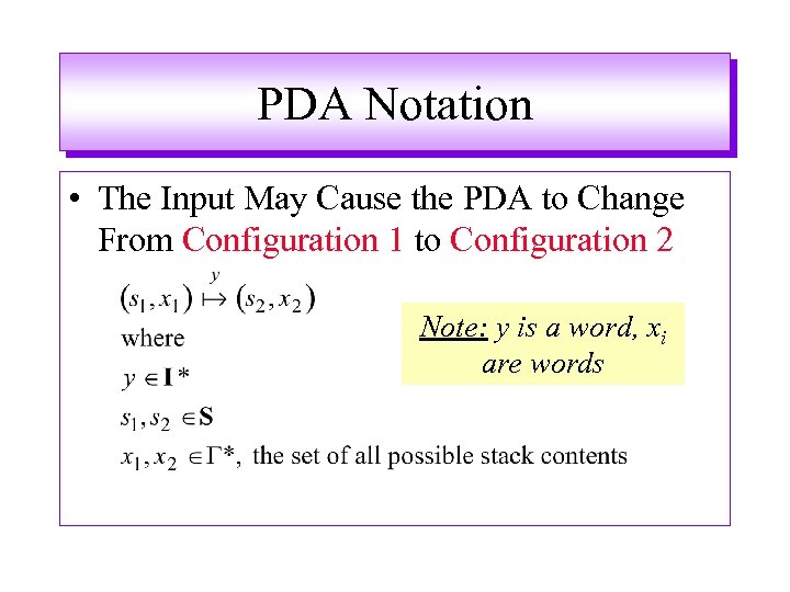 PDA Notation • The Input May Cause the PDA to Change From Configuration 1