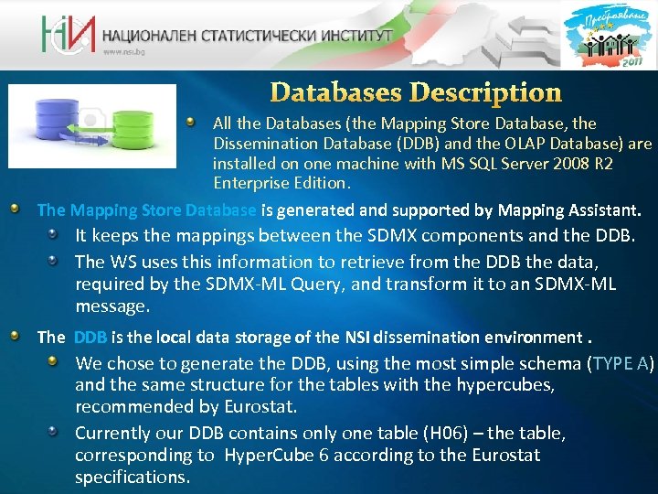 All the Databases (the Mapping Store Database, the Dissemination Database (DDB) and the OLAP