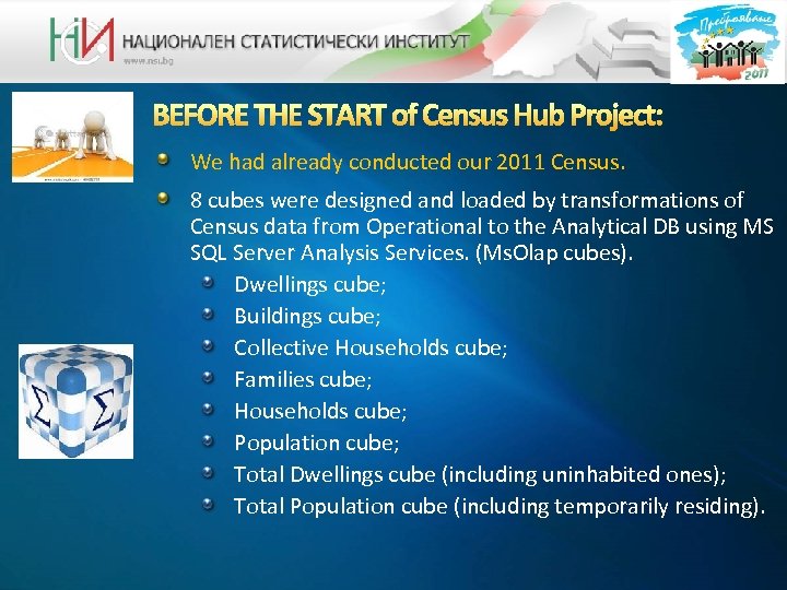 We had already conducted our 2011 Census. 8 cubes were designed and loaded by