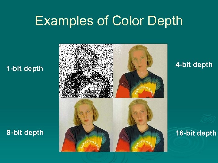 Examples of Color Depth 1 -bit depth 8 -bit depth 4 -bit depth 16