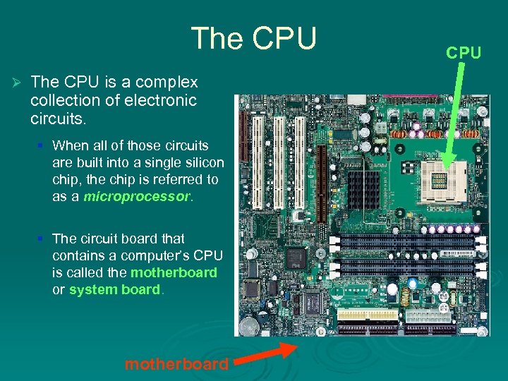 The CPU Ø The CPU is a complex collection of electronic circuits. § When