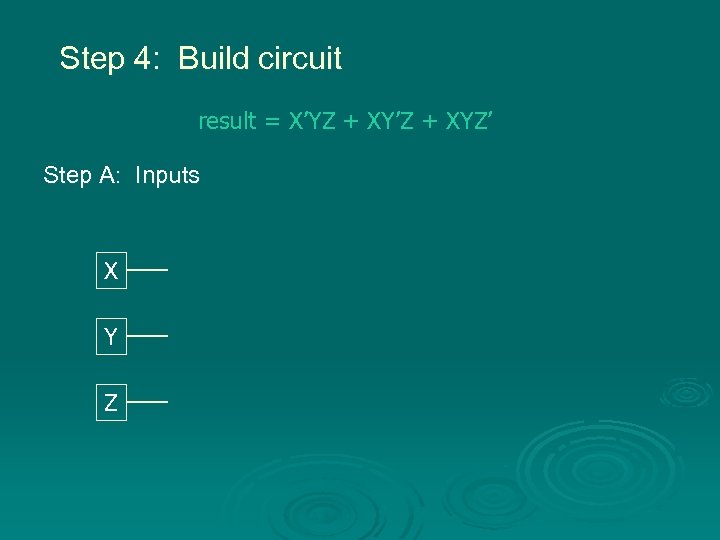 Step 4: Build circuit result = X’YZ + XY’Z + XYZ’ Step A: Inputs