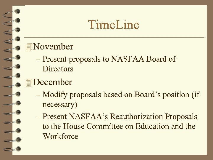 Time. Line 4 November – Present proposals to NASFAA Board of Directors 4 December