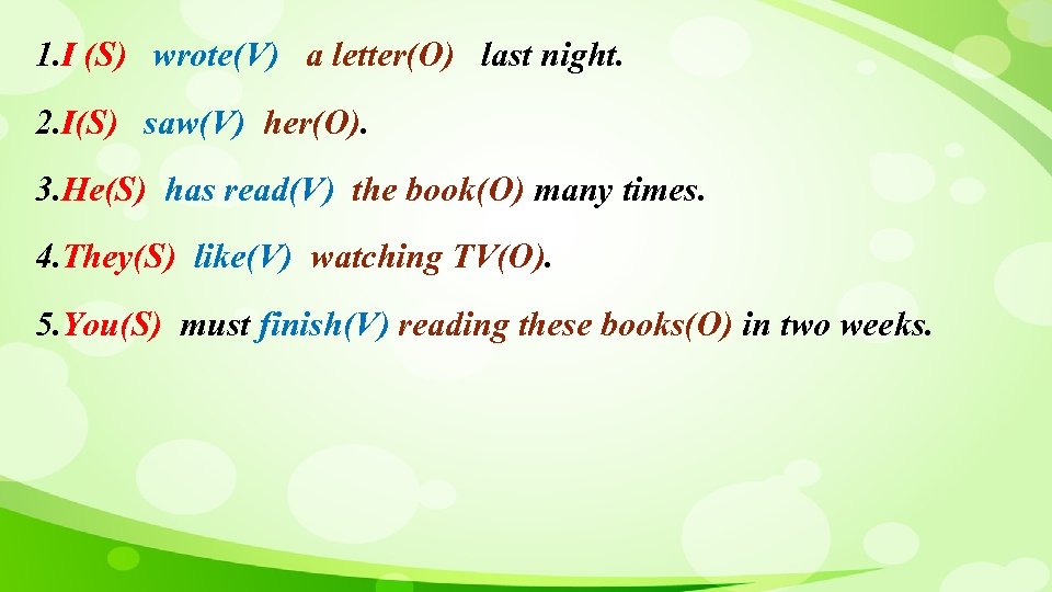 1. I (S) wrote(V) a letter(O) last night. 2. I(S) saw(V) her(O). 3. He(S)