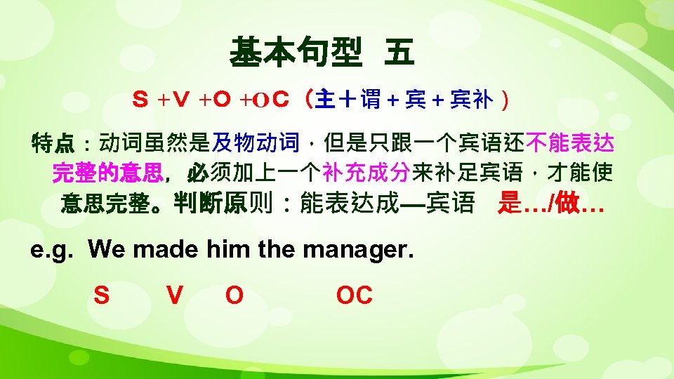 基本句型 五 Ｓ +Ｖ +Ｏ +OＣ（主＋谓＋宾＋宾补） 特点：动词虽然是及物动词，但是只跟一个宾语还不能表达 完整的意思，必须加上一个补充成分来补足宾语，才能使 意思完整。判断原则：能表达成—宾语 是…/做… e. g. We made