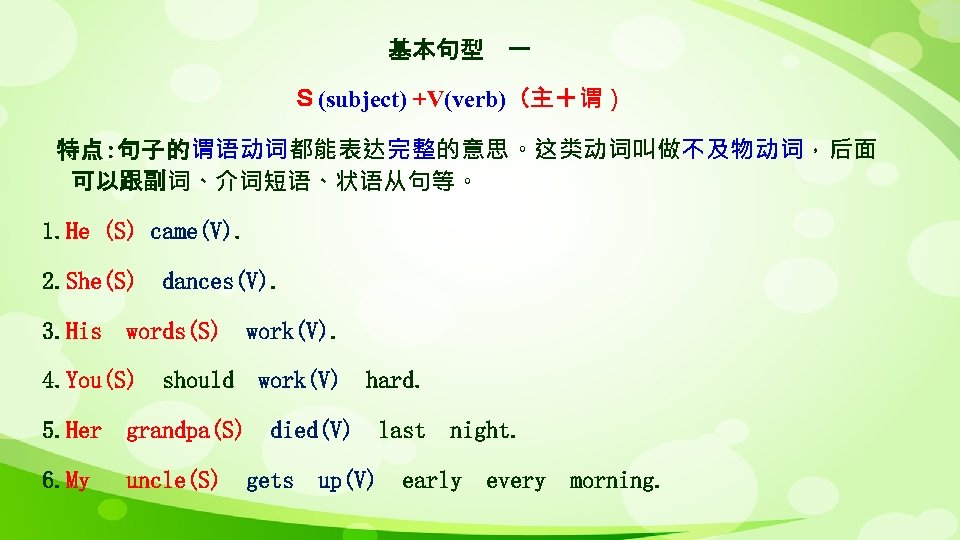 基本句型 一 Ｓ(subject) +V(verb)（主＋谓） 特点: 句子的谓语动词都能表达完整的意思。这类动词叫做不及物动词，后面 可以跟副词、介词短语、状语从句等。 1. He (S) came(V). 2. She(S) dances(V).