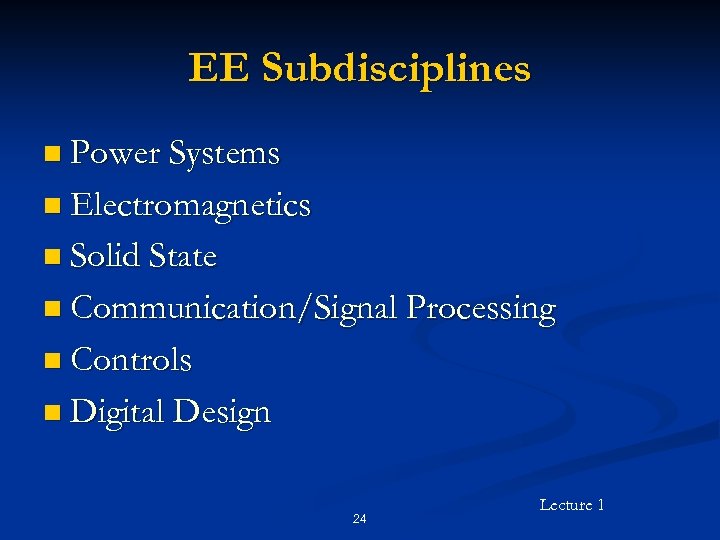 EE Subdisciplines n Power Systems n Electromagnetics n Solid State n Communication/Signal Processing n
