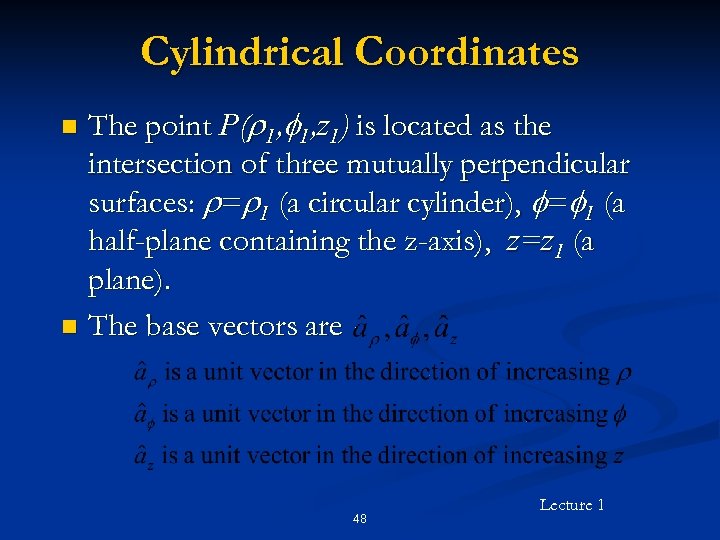 Cylindrical Coordinates The point P(r 1, f 1, z 1) is located as the