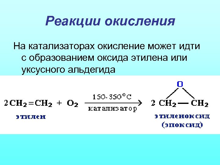 Реакции окисления На катализаторах окисление может идти с образованием оксида этилена или уксусного альдегида